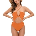 thumbnail image 1 of WREESH Womens One Piece Swimsuits 2025 Spring Fashion Solid Color Hollow Sleeveless Bandeau Halter Swimsuit Bathing Suits Orange, 1 of 5