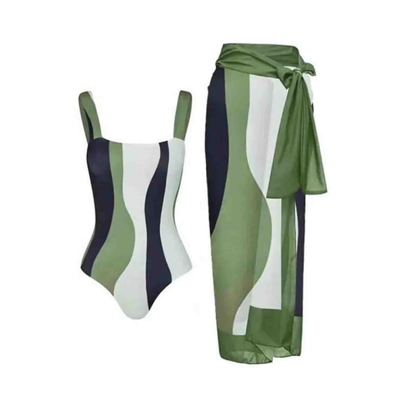 WREESH Womens One Piece Swimsuits Beach Cover Ups Bikini Lace Up Printed Swimsuit Long Skirt 2 Pcs Sets Swimwear Sleeveless Bathing Suits Green