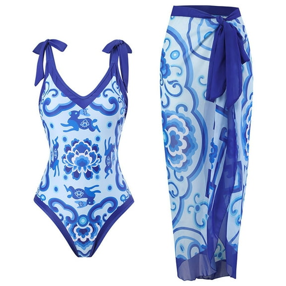 WREESH Womens One Piece Swimsuits Beach Cover Ups Fashion Retro Print Tight Fitting Bikini Swimsuit Chiffon Overskirt Suit Sleeveless Bathing Suits Blue