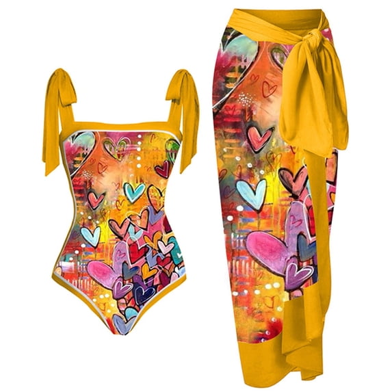 WREESH Womens One Piece Swimsuits Beach Cover Ups Vintage Printed Swimwear Conservative Swimwear Printed Beach Skirt Set Sleeveless Bathing Suits Yellow