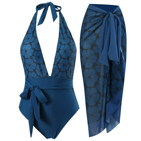 WREESH Womens One Piece Swimsuits Fashion Backless Print Swimwear Beachwear Bikinis Set Sleeveless Bathing Suits Blue