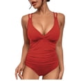 thumbnail image 1 of WREESH Womens One Piece Swimsuits Fashion Comfortable V-Neck Sleeveless Fold Printed Bikini Set Bathing Suits Red, 1 of 5