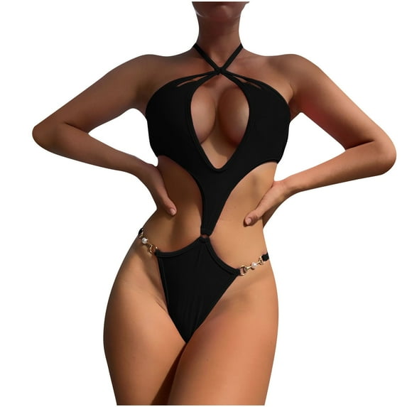 WREESH Womens One Piece Swimsuits Fashion Hollow-Out Halter Waist Bikini Solid Color Swimwear Beachwear Set Sleeveless Bathing Suits Black