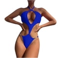 thumbnail image 1 of WREESH Womens One Piece Swimsuits Fashion Hollow-Out Halter Waist Bikini Solid Color Swimwear Beachwear Set Sleeveless Bathing Suits Blue, 1 of 5