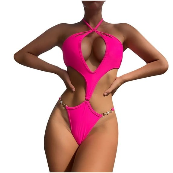 WREESH Womens One Piece Swimsuits Fashion Hollow-Out Halter Waist Bikini Solid Color Swimwear Beachwear Set Sleeveless Bathing Suits Hot Pink