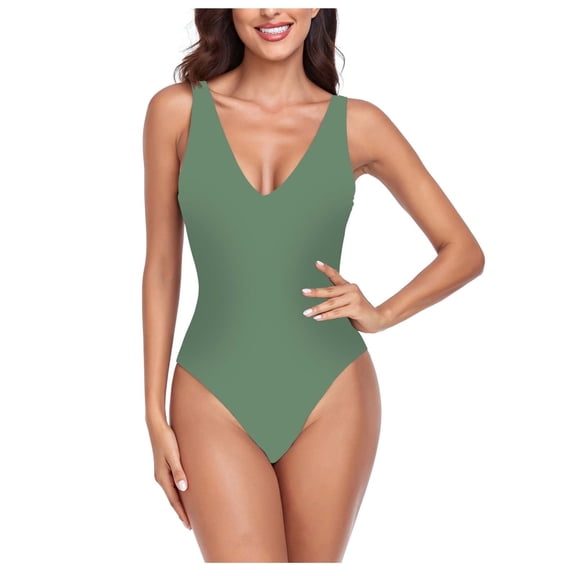 WREESH Womens One Piece Swimsuits Fashion Printed Comfortable Loose Swimsuit Top Blouse Casual V-Neck Attractive Sleeveless Bathing Suits Olive Green