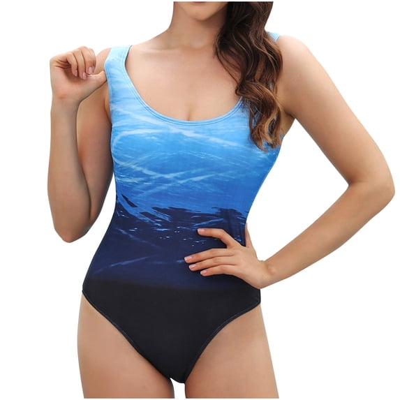 WREESH Womens One Piece Swimsuits Fashion Retro Print Fitting Bikini Swimsuit Sleeveless Bathing Suits Blue
