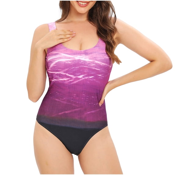 WREESH Womens One Piece Swimsuits Fashion Retro Print Fitting Bikini Swimsuit Sleeveless Bathing Suits Purple