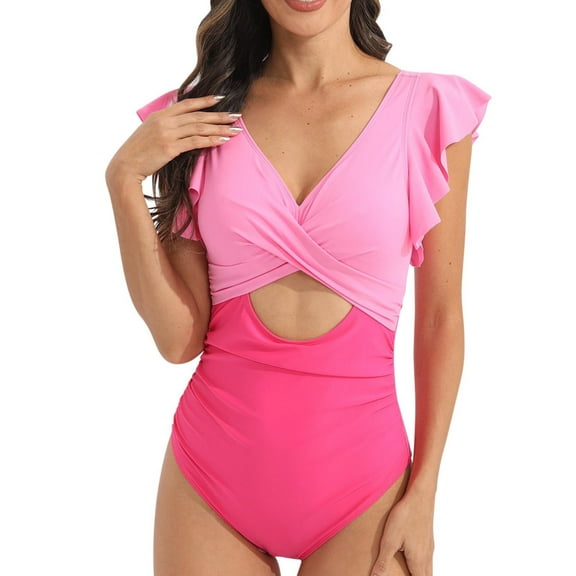 WREESH Womens One Piece Swimsuits Fashion Ruffle Conservative Swimsuit Chest Hollow Solid Color Backless Swimsuit Sleeveless Bathing Suits Pink