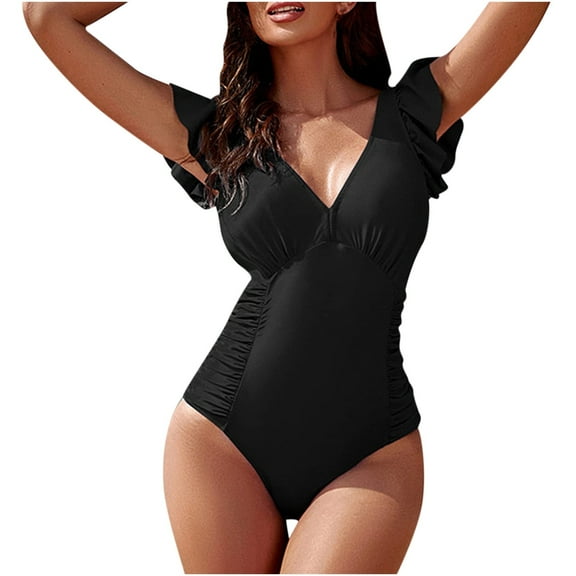 WREESH Womens One Piece Swimsuits Fashionable Solid Color Jumpsuit Swimsuit Sleeveless Bathing Suits Black