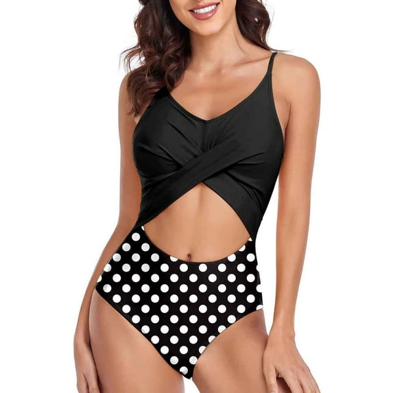 WREESH Womens One Piece Swimsuits Fashionable and Polka Dot Print Open Belly Swimsuit Sleeveless Bathing Suits Black