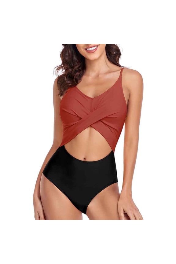 Womens One Piece Swimsuits Fashionable and Solid Color Blocking Open Belly Swimsuit Sleeveless Bathing Suits Red