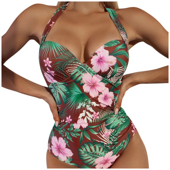 WREESH Womens One Piece Swimsuits Print Swimwear High Waist Swimwear Sleeveless Bathing Suits Coffee