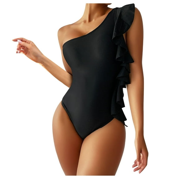 WREESH Womens One Piece Swimsuits Solid Color Fashionable Bikini Swimsuit Sleeveless Bathing Suits Black