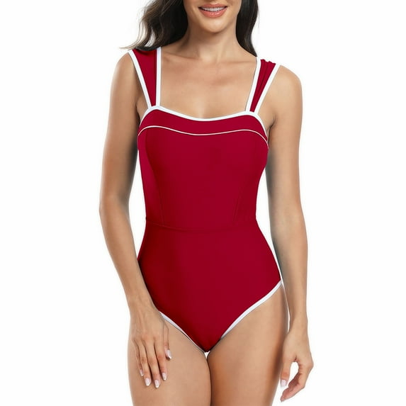 WREESH Womens One Piece Swimsuits Solid Color Swimsuit Conservative Swimsuit Sleeveless Bathing Suits Red