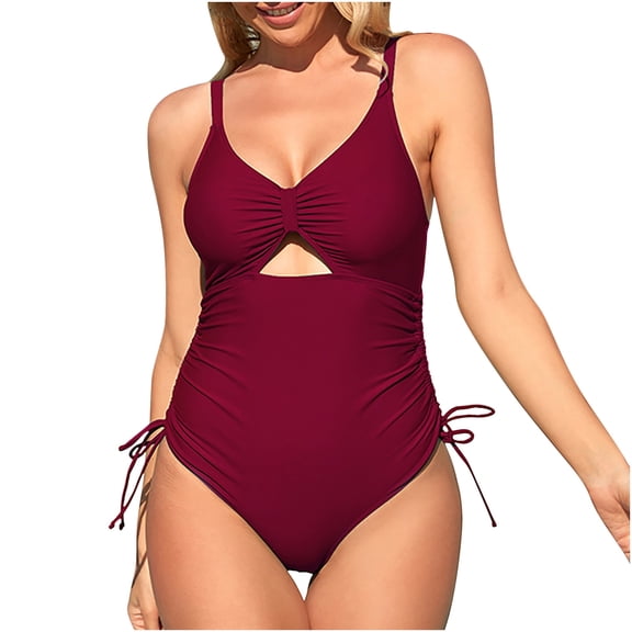 WREESH Womens One Piece Swimsuits Solid Color Swimwear High Waist Swimwear Sleeveless Bathing Suits Wine