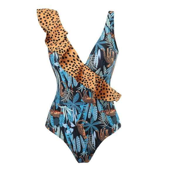 WREESH Womens One Piece Swimsuits Swimsuit Bikini Leopard Print Ruffled Swimsuit Bikini (With Chest Pad Without Steel Support) Sleeveless Bathing Suits Blue