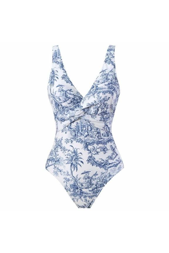Womens One Piece Swimsuits Swimwear Bikini Lace Up Swimsuit Conservative Slim Retro Print with Steel Tray Swimwear Sleeveless Bathing Suits Blue