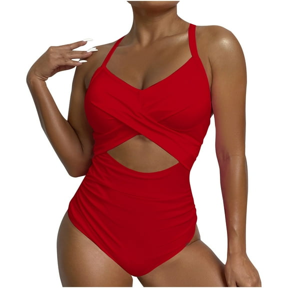 WREESH Womens One Piece Swimsuits Tummy Control Bathing Suit for Women Push Up Swimwear V Neck High Cut Monokini Red