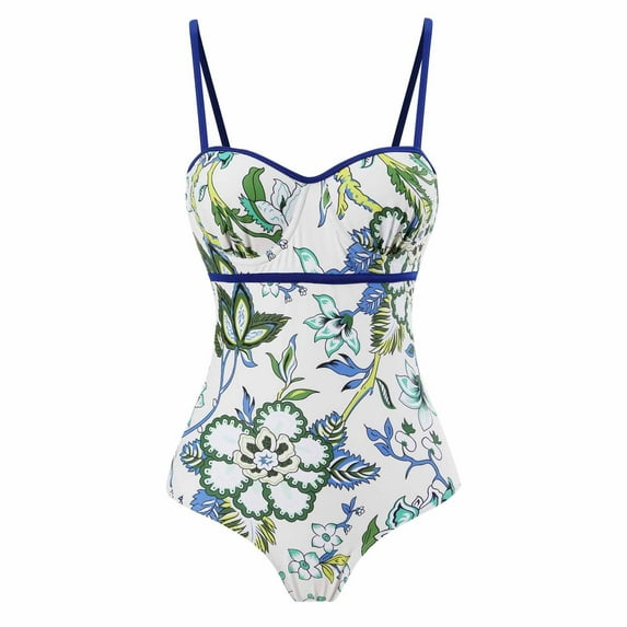 WREESH Womens One Piece Swimsuits Vintage Print Lace-Up Swimsuit Bikini Lace Up Swimsuit Long Skirt Chiffon Set Sleeveless Bathing Suits White