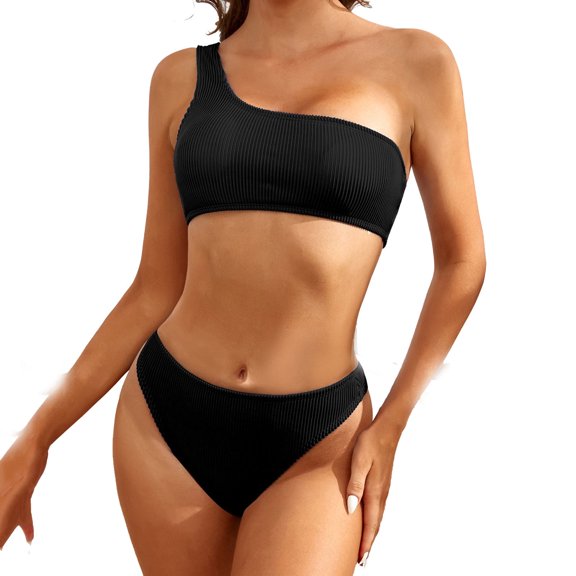 WREESH Womens One Shoulder Bathing Suits Fashionista Lady Containing Chest Pad Solidt Bikini Set Two Piece Swimsuit Black