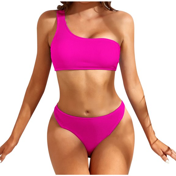 WREESH Womens One Shoulder Bathing Suits Fashionista Lady Containing Chest Pad Solidt Bikini Set Two Piece Swimsuit Hot Pink