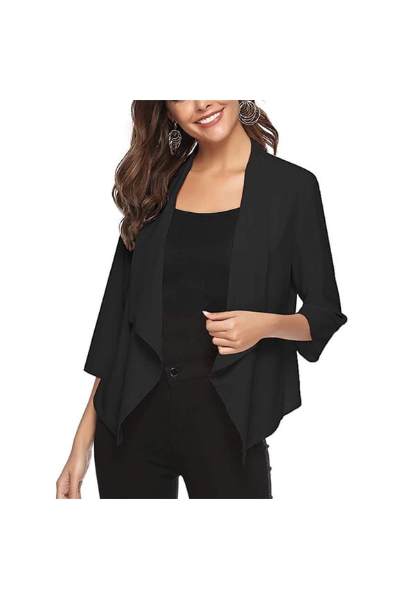 Womens Open Front Lightweight Cardigan Solid 3/4 Sleeve Cropped Cardigans Casual Thin Chiffon Blazer Black