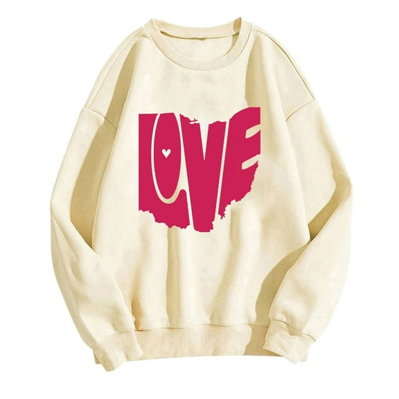 WREESH Womens Oversize Sweatshirt Casual Crewneck Pullover Love Letter Graphic Loose Spring Tops Valentine Gifts Beige