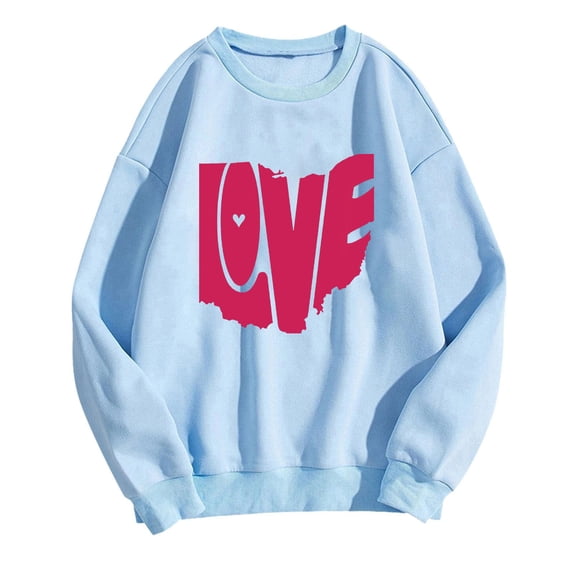 WREESH Womens Oversize Sweatshirt Casual Crewneck Pullover Love Letter Graphic Loose Spring Tops Valentine Gifts Light Blue