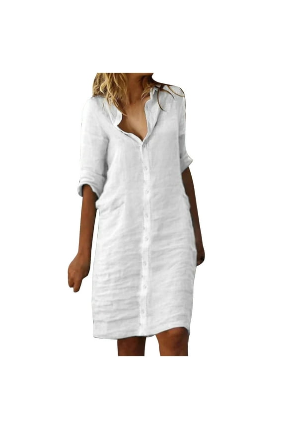 Womens Oversized Button Down Shirt Dresses Solid Cotton Linen Shirts Fashion Casual Spring Summer Short Sleeve Dress White
