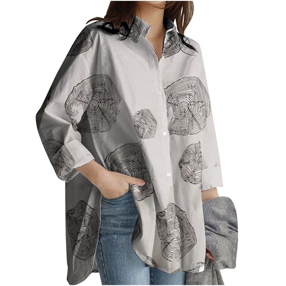 WREESH Womens Oversized Button Down Shirt Trendy Printed Shirts Lightweight Casual Long Sleeve Stand Collared Blouse Tops White