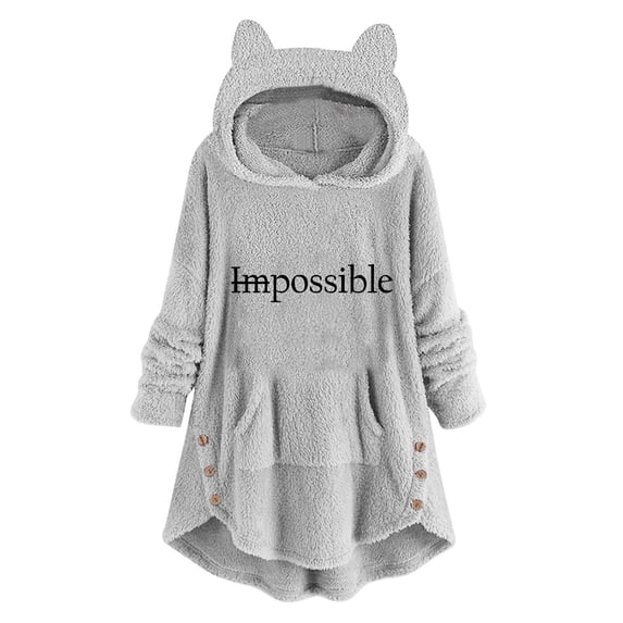 WREESH Womens Oversized Hoodies Cute Ear Hooded Fuzzy Fleece Sweatshirts Long Sleeve Printed Pullover Sided Button Tunic Tops Winter Soft Warm Coats with Pocket Gray
