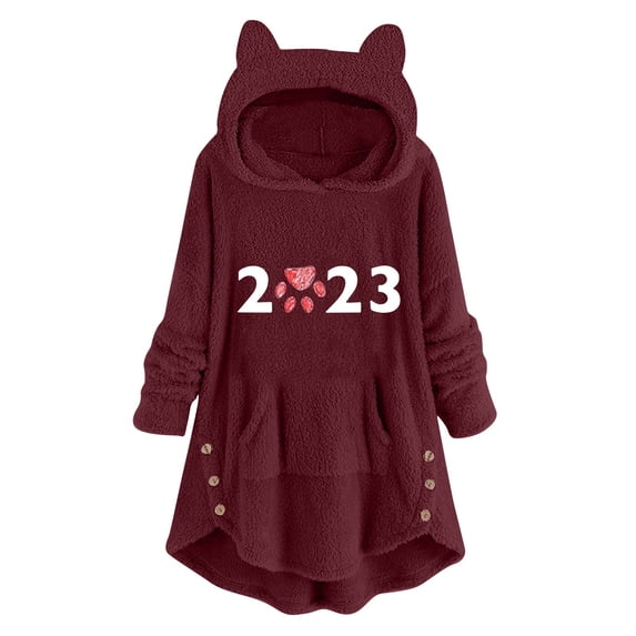 WREESH Womens Oversized Hoodies Cute Ear Hooded Fuzzy Fleece Sweatshirts Long Sleeve Printed Pullover Sided Button Tunic Tops Winter Soft Warm Coats with Pocket Wine