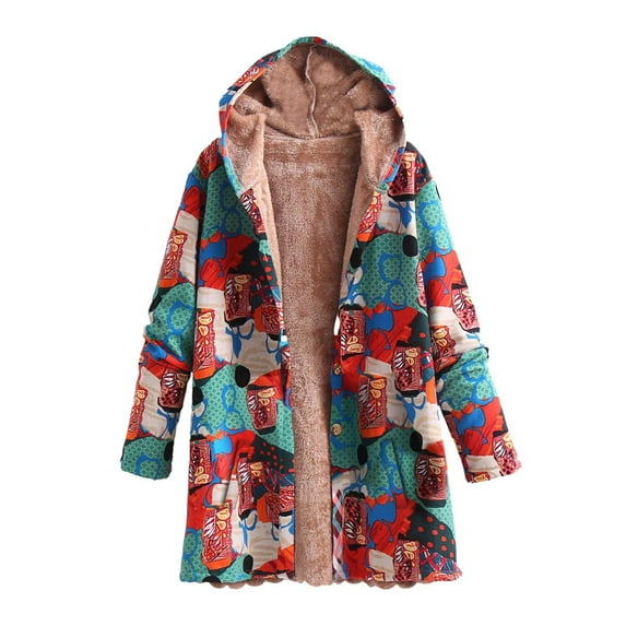 WREESH Womens Oversized Hoodies Trendy Ethnic Style Print Jacket Faux Furry Fleece Lined Warm Coats Fall Winter Casual Open Front Long Coats Green