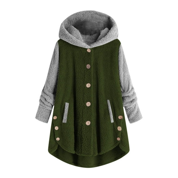 WREESH Womens Oversized Sweatshirts Fashion Button Fuzzy Fleece Hoodies Long Sleeve Raglan Color Block Pullover Outerwear Winter Thicken Warm Coat Tunic Tops Olive Green