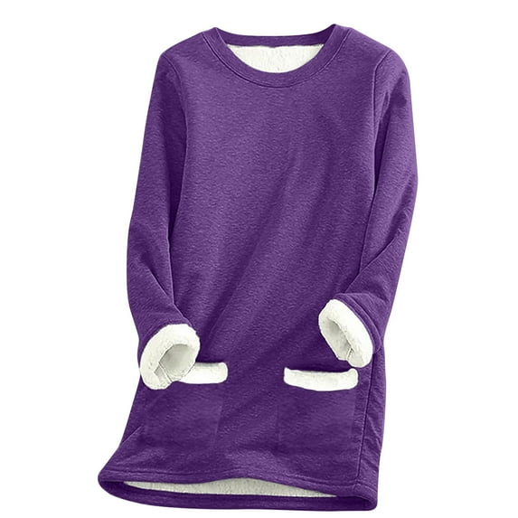 WREESH Womens Oversized Sweatshirts Fleece Lined Pullover Solid Color Crewneck Sweatshirt Thickened Plush Warm Blouses Long Sleeve Tunic Tops with Pockets Purple