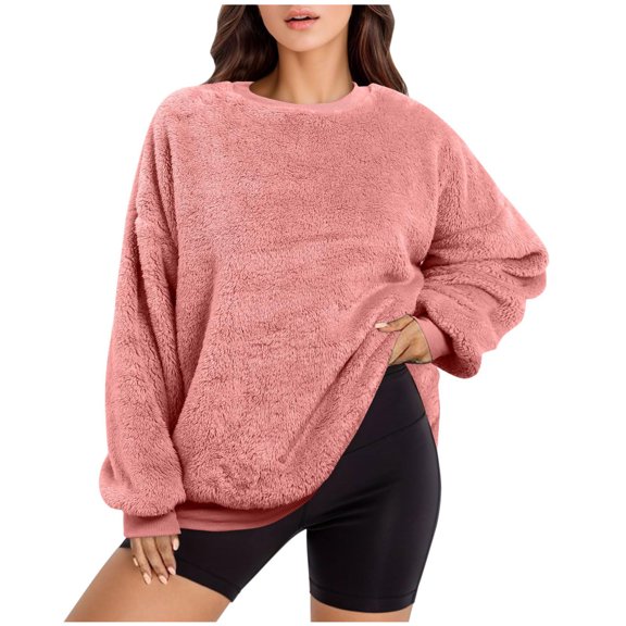 WREESH Womens Oversized Sweatshirts Solid Fuzzy Fleece Pullover Long Sleeve Crewneck Furry Blouses Winter Thicken Warm Coat Tops Pink