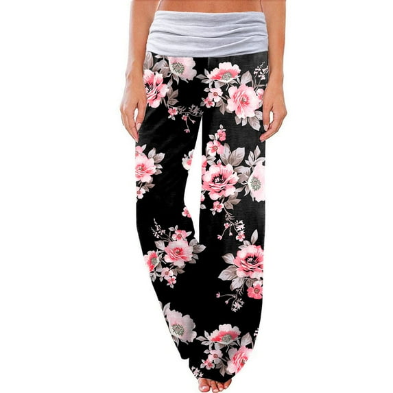 WREESH Womens Pajama Pants Comfy Pajama Pants Wide Leg Lounge Palazzo Yoga Pants Casual Loose Printed Fold Waist Pants Pink
