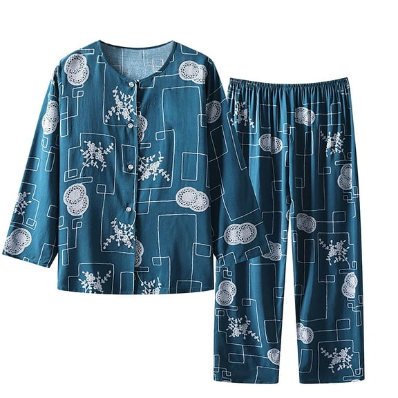 WREESH Womens Pajama Sets Cotton Linen Summer Two Piece Lounge Set Long Sleeve Round Neck Pajama Printed Tops Pants Set Multicolor
