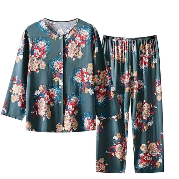 WREESH Womens Pajama Sets Cotton Linen Summer Two Piece Set Long Sleeved Round Neck Pajamas Printed Tops Pants Set Multicolor