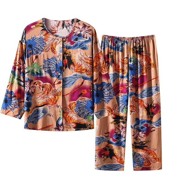 WREESH Womens Pajama Sets Cotton Linen Two Piece Lounge Set Long Sleeve Round Neck Pajama Set Printed Tops Pants Set Multicolor