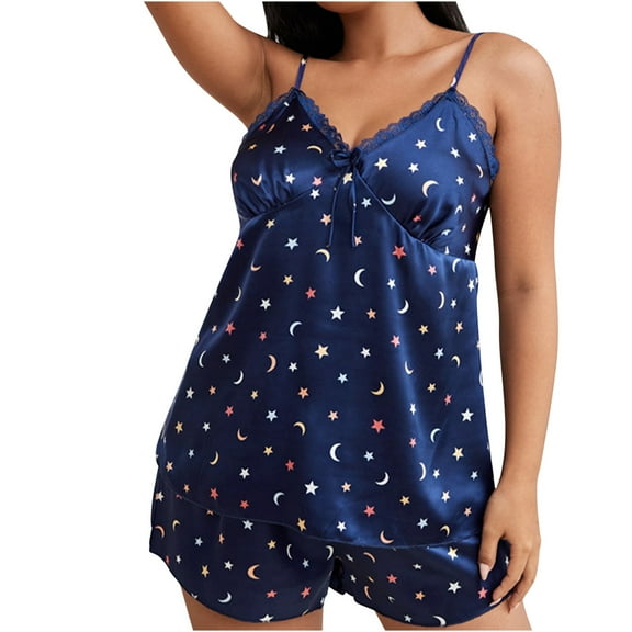 WREESH Womens Pajama Sets Imitation Silk Pajamas Two Piece Fashion Printed Casual Shorts Home Clothes Suit Backless Suspender Skirt Blue