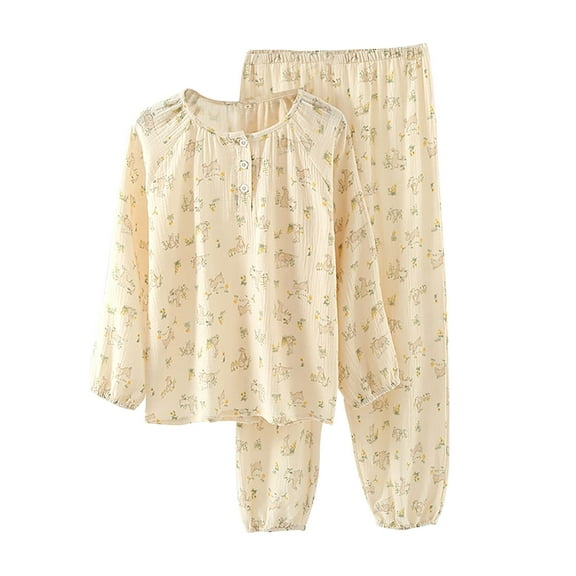 WREESH Womens Pajama Sets Long Sleeved Round Neck Printed Button Top Broadened Leg Long Pants Pajama Two Piece Sets Green