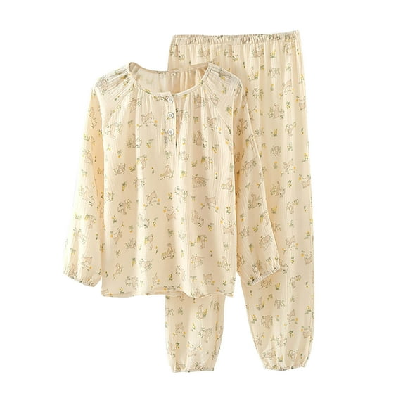 WREESH Womens Pajama Sets Long Sleeved Round Neck Printed Button Top Broadened Leg Long Pants Pajama Two Piece Sets Green