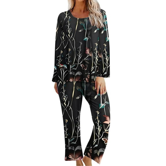 WREESH Womens Pajama Sets Printing Round Neck Short Sleeve Sleepshirt And Pants Two Piece Sets S Loungewear Pajamas With Pockets Black