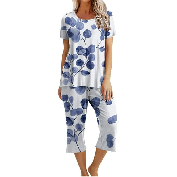 WREESH Womens Pajama Sets Printing Round Neck Short Sleeve Sleepshirt And Pants Two Piece Sets S Loungewear Pajamas With Pockets Blue