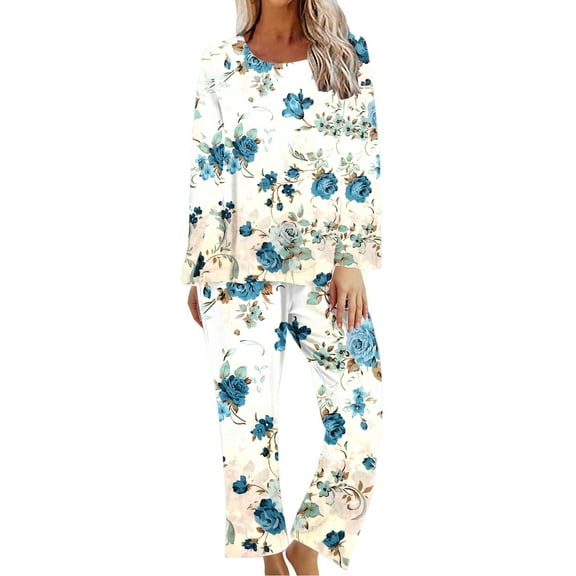 WREESH Womens Pajama Sets Printing Round Neck Short Sleeve Sleepshirt And Pants Two Piece Sets S Loungewear Pajamas With Pockets Sky Blue