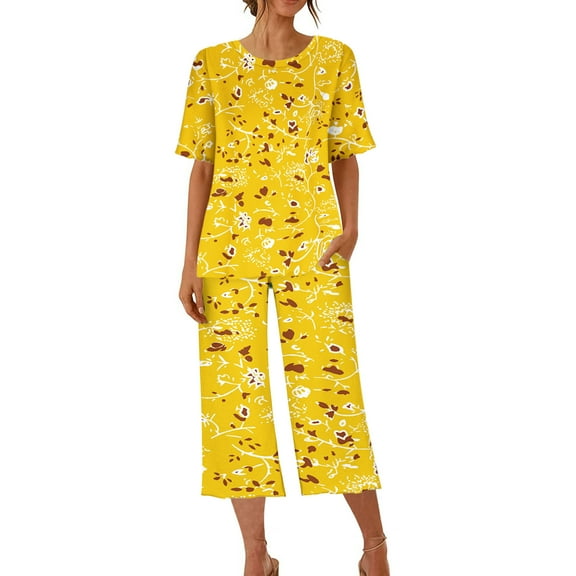 WREESH Womens Pajama Sets Printing Round Neck Short Sleeve Sleepshirt And Pants Two Piece Sets S Loungewear Pajamas With Pockets Yellow