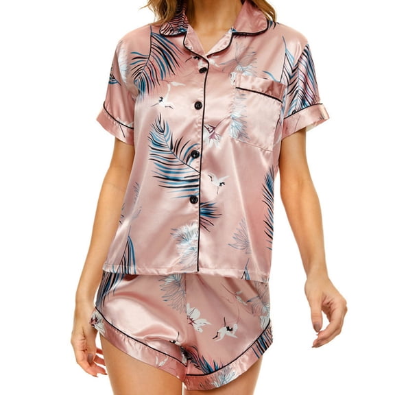 WREESH Womens Pajama Sets Silk Pajamas Home Clothes Short-Sleeved Shorts Printed Pajamas Home Clothes Two Piece Sets Hot Pink