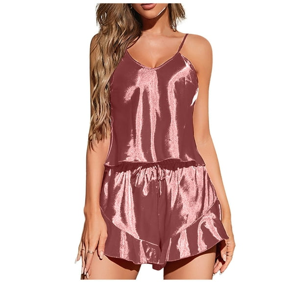 WREESH Womens Pajama Sets Silk Pajamas Solid Casual Pullover Sleeveless Tops Shorts Two Piece Sets Home Wear Sleepwear Pink